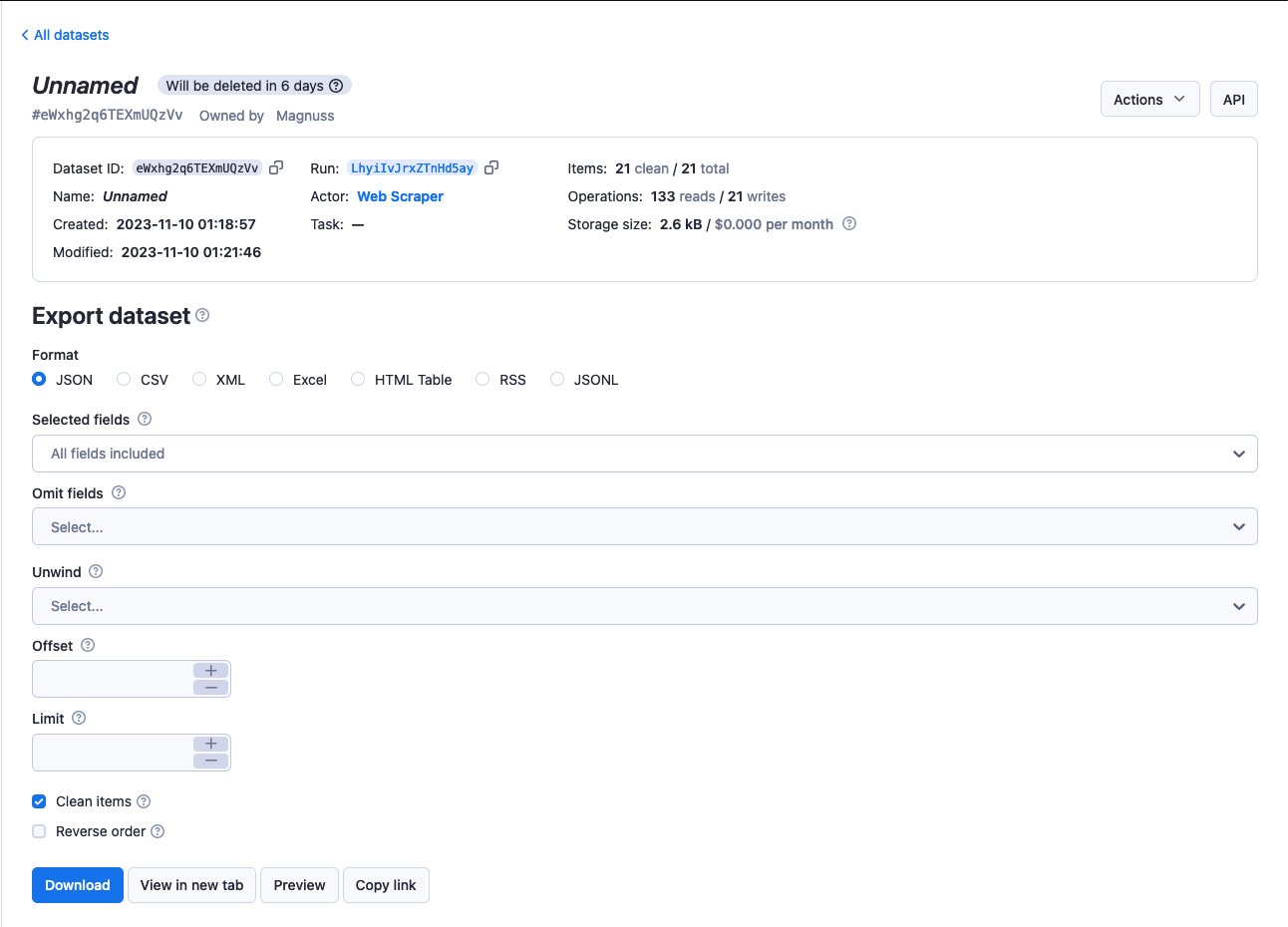 Datasets detail view
