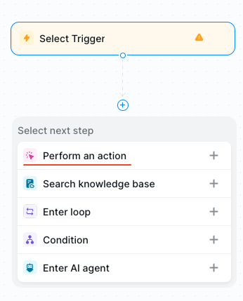 Lindy workflow editor, showing the option to "Perform an Action"